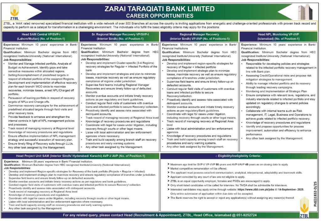 Zarai Taraqiati Bank Limited Jobs in Islamabad